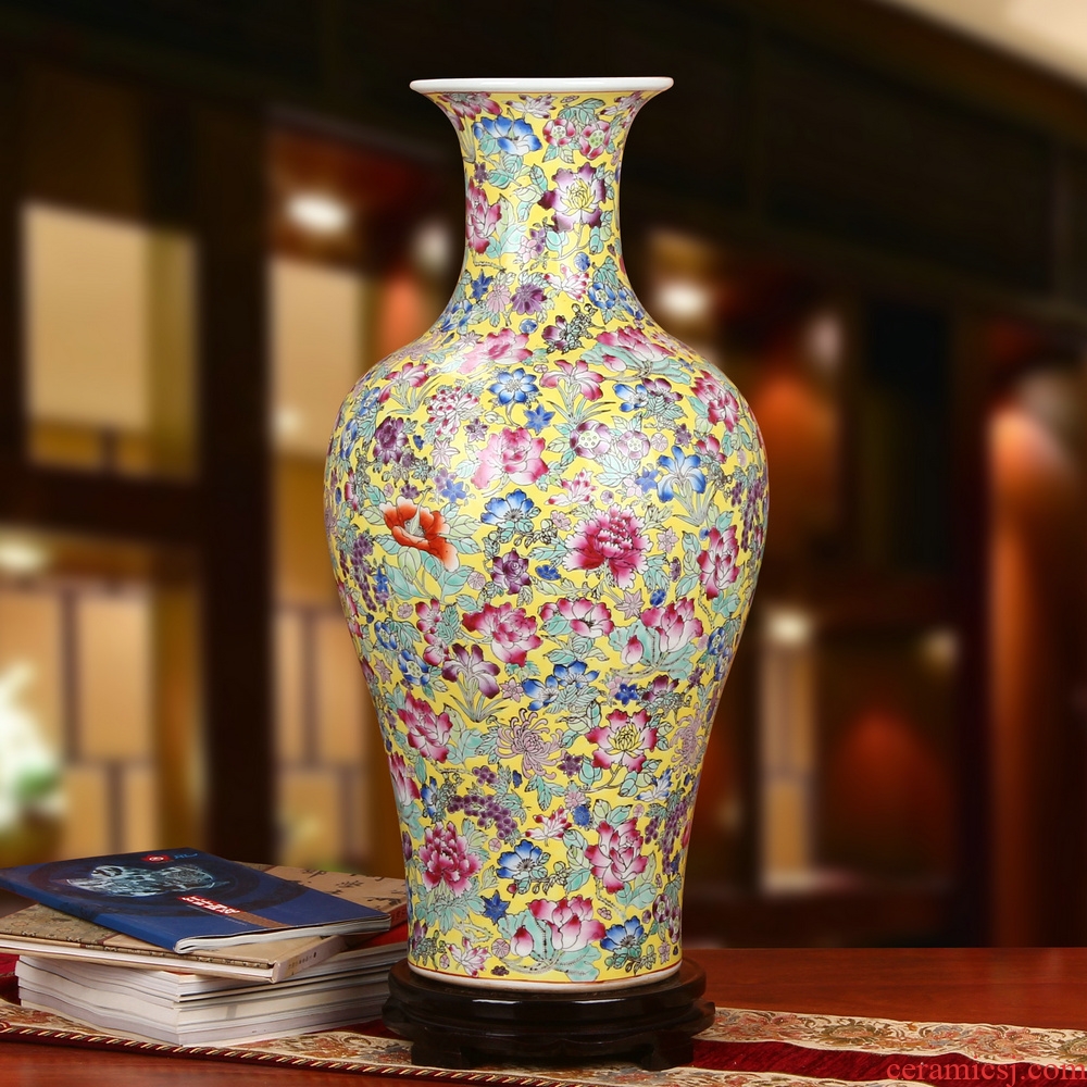 End of jingdezhen ceramics high - End antique boutique pastel yellow flower peony hand - made furniture of large vase