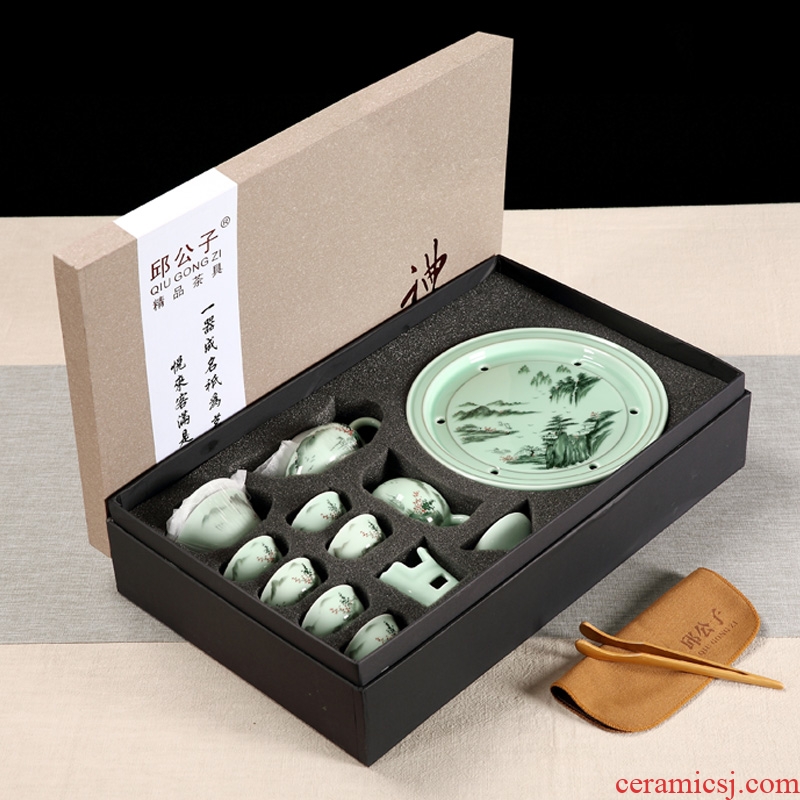 Celadon chaozhou kunfu tea tea cup lid bowl suit ceramic circular water small tea tray was gift boxes