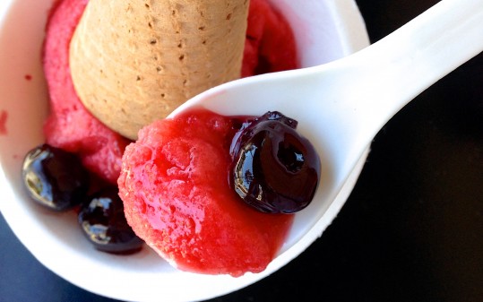 Strawberry Szechuan sorbet with amarena cherries, at Humphry Slocombe.