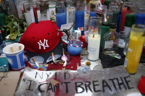 Candles are seen at the memorial of Garner in Staten Island