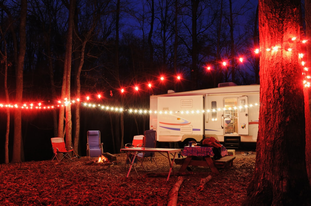 Campsite in the evening decorated for the holidays