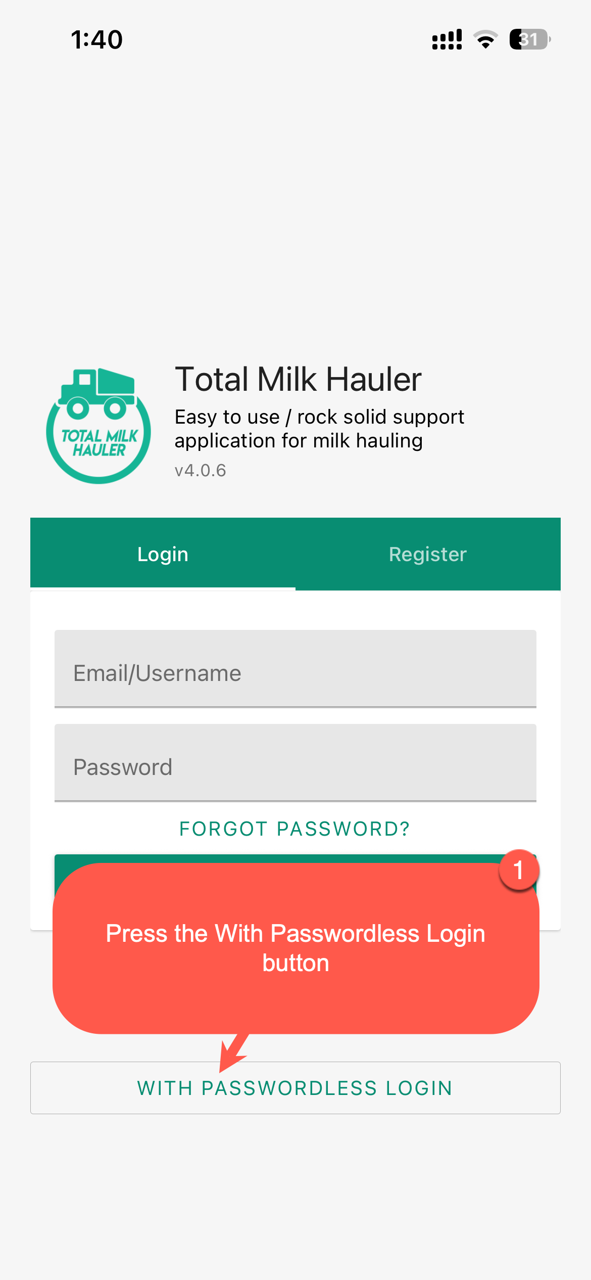 Login screen with username field