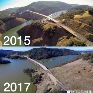 El antes (2015) Y el después (2017) del Lago Oroville durante la sequía y hoy después de que la fuerte lluvia aumentara la cantidad de agua. Twitter