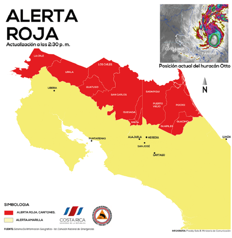 Mapa de Alerta Roja por impacto de tormenta Otto.