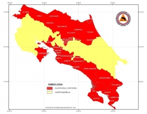 Mapa de zonas de riesgo con alerta roja y amarilla. CNE