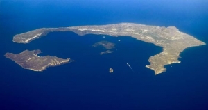 Restos del volcán hundido que hoy componen el archipiélago de Santorini. Wikipedia