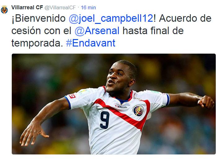 Es oficial: Joel Campbell jugará en calidad de préstamo con el Villarreal