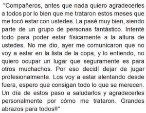 La carta de Pablo Aimar a sus compañeros, en la que les comunicó su decisión de retirarse del fútbol.