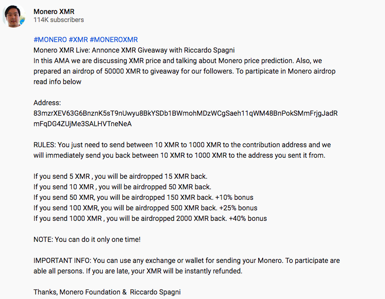 Monero YouTube giveaway T&C | Source: YouTube