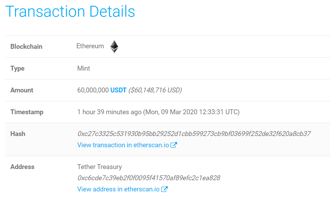 o tesouro do Tether cunhando cerca de 60 milhões de USDT em 9 de março às 12:33 UTC na blockchain Ethereum