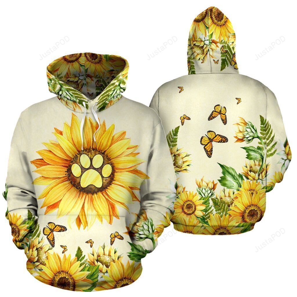 Dog Paw Sunflower Butterfly Wattercolor 3d All Over Print Hoodie Zip-up Hoodie