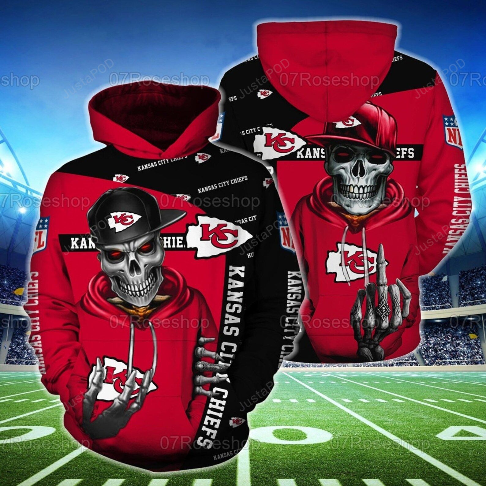 Kansas City Chiefs And Skull 3d All Over Print Hoodie Zip-up Hoodie