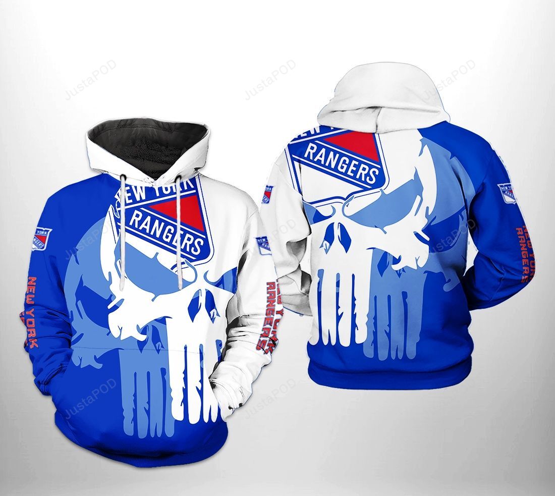 New York Rangers Nhl Team Skull 3d All Over Print Hoodie Zip-up Hoodie