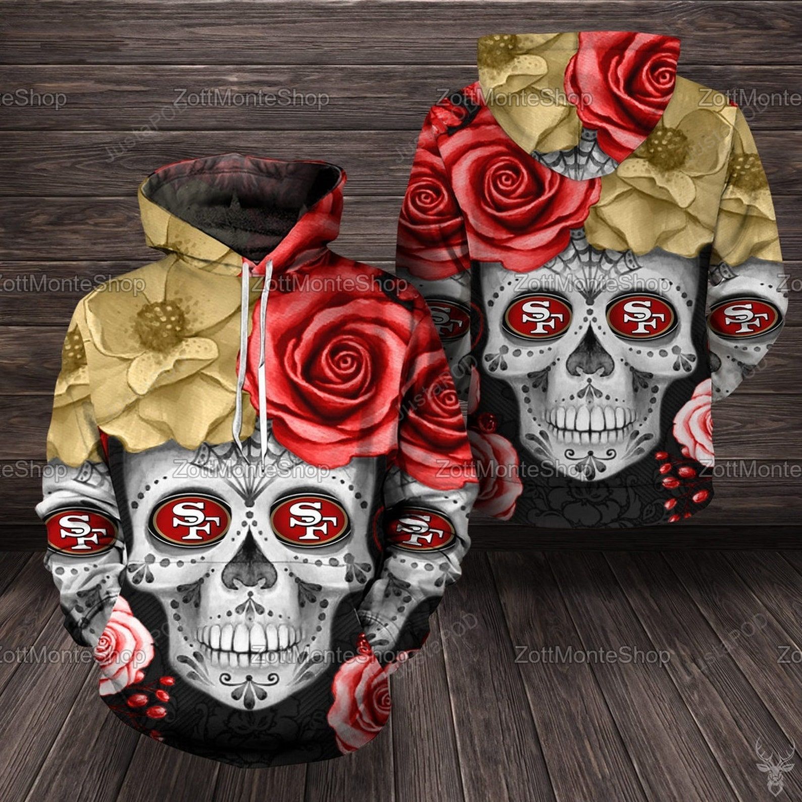 Nfl San Francisco 49ers Skull Flower 3d Hoodie Skull Flower Unisex Hoodie Nfl 49ers Sweatshit Face Mask