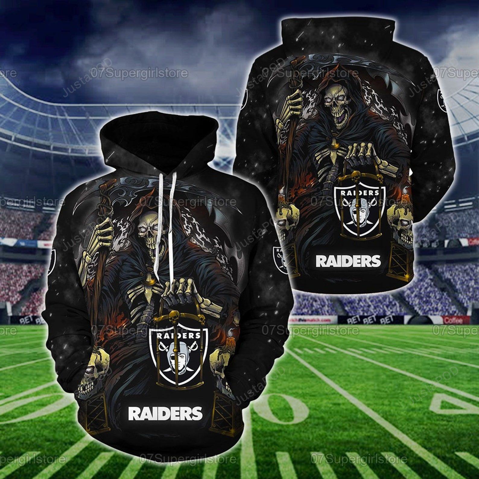 Oakland Raiders Skull 3d All Over Print Hoodie Zip-up Hoodie-trungten-groes