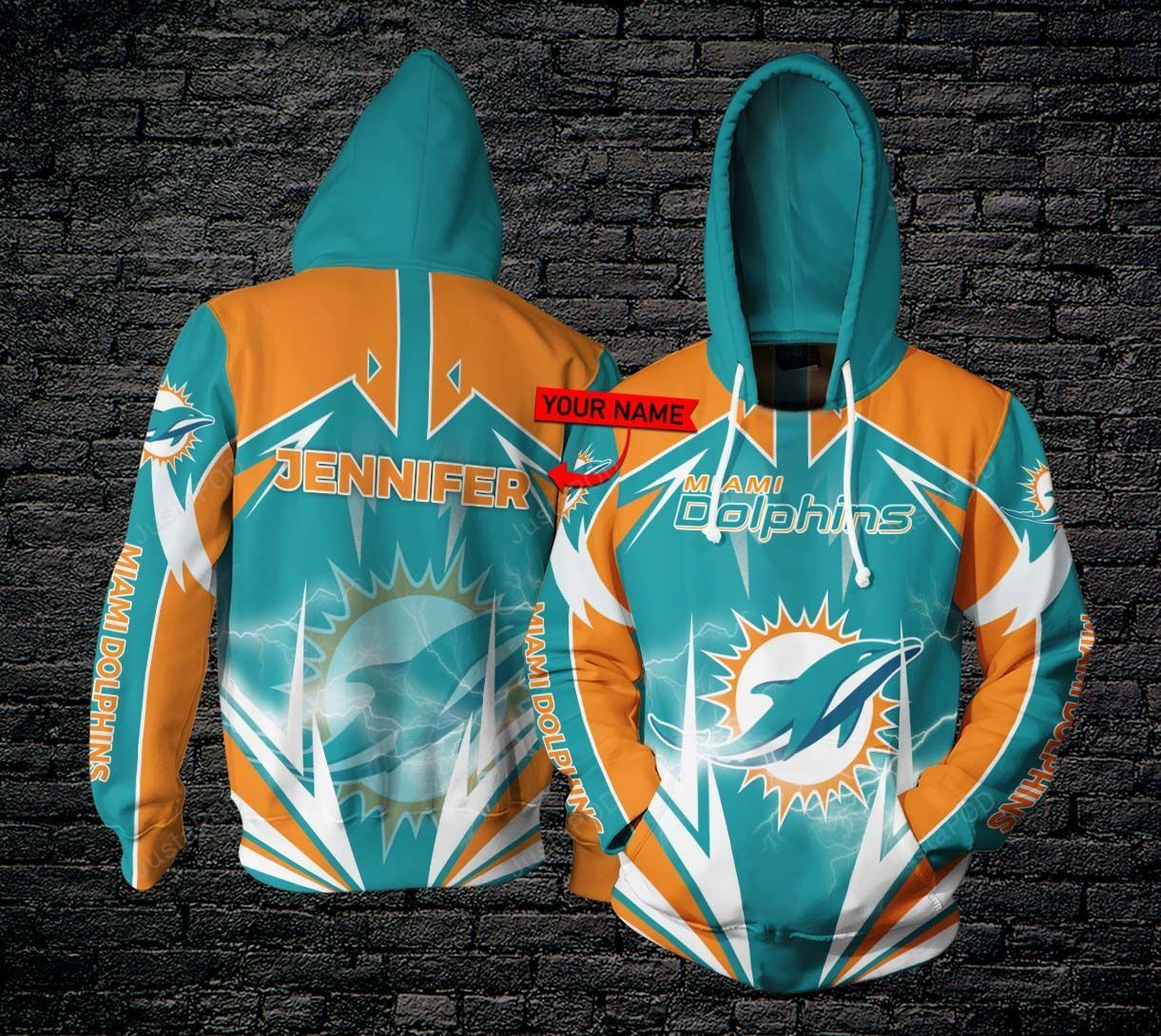 Personalized 3d Hoodie Miami Dolphins Lightning Custom Name 3d All Over Printed Hoodie