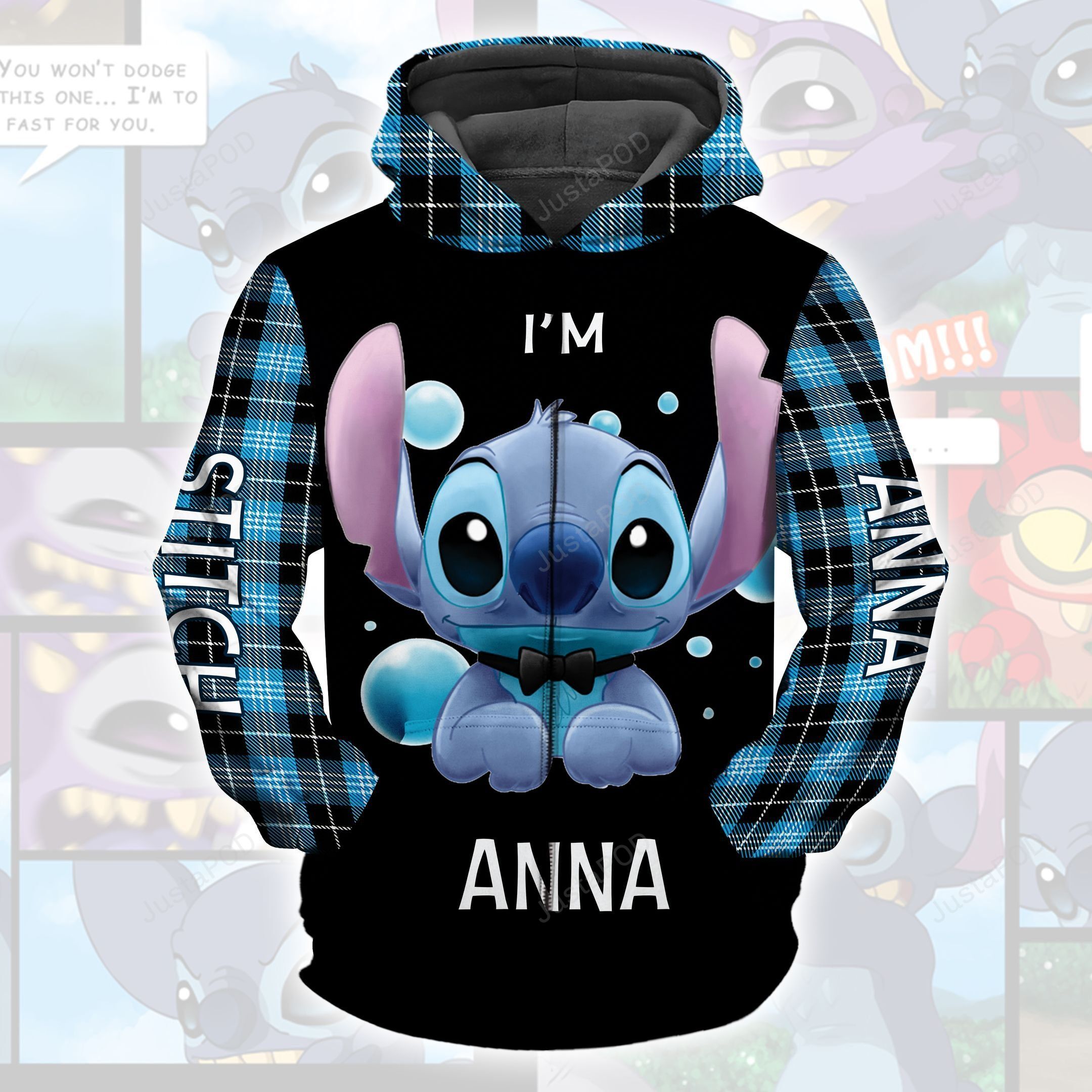 Personalized Cartoon Character Stitch Aholic Gingham Hoodie Custom Name Unisex Men Women 3d All Over Print Hoodie