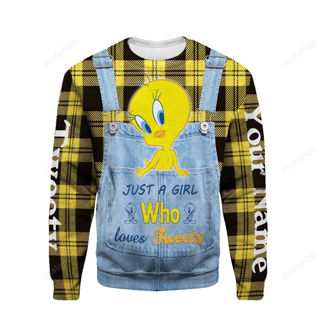 Personalized Cartoon Looney Tunes Denim Checkered Girl Loves Tweety Hoodie Custom Name Unisex Men Women 3d All Over Print Hoodie