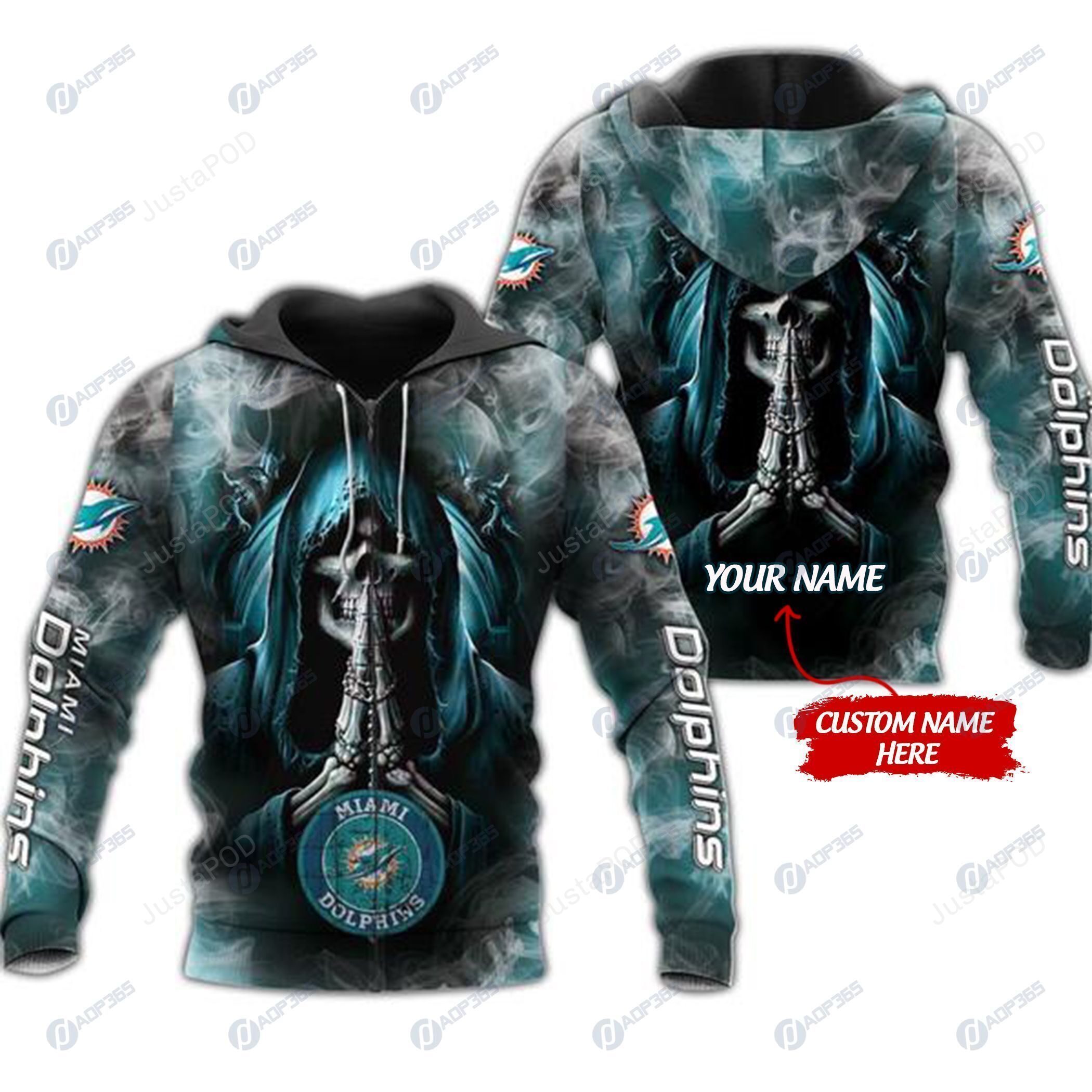 Personalized Custom 3d Hoodie Miami Dolphins Skull Nfl Custom Name 3d All Over Print Hoodie