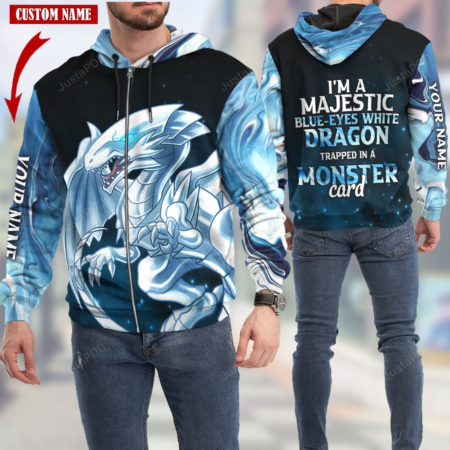 Personalized Custom Name Im A Majestic Blue-eyes White Dragon Trapped In A Monster Card 3d All Over Print Hoodie Zip-up Hoodie