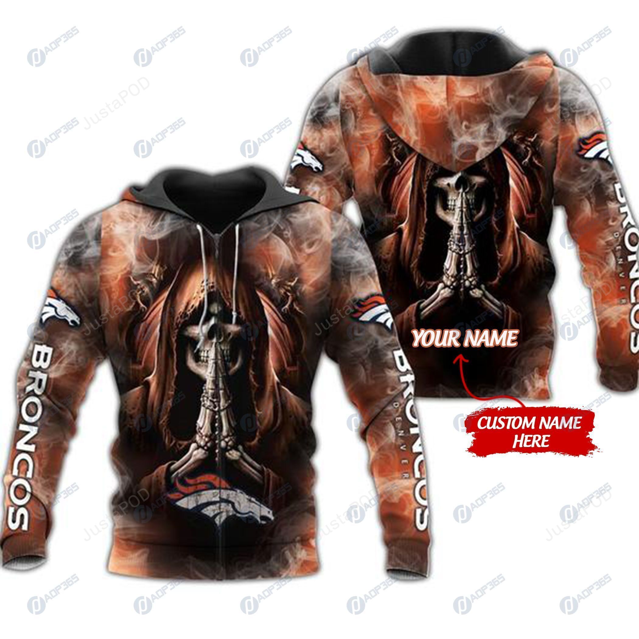 Personalized Denver Broncos Skull Nfl Custom Name 3d All Over Print Hoodie