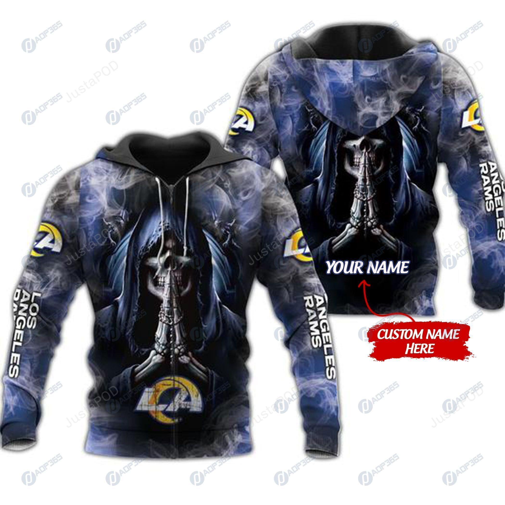 Personalized Los Angeles Rams Skull Nfl Custom Name 3d All Over Print Hoodie