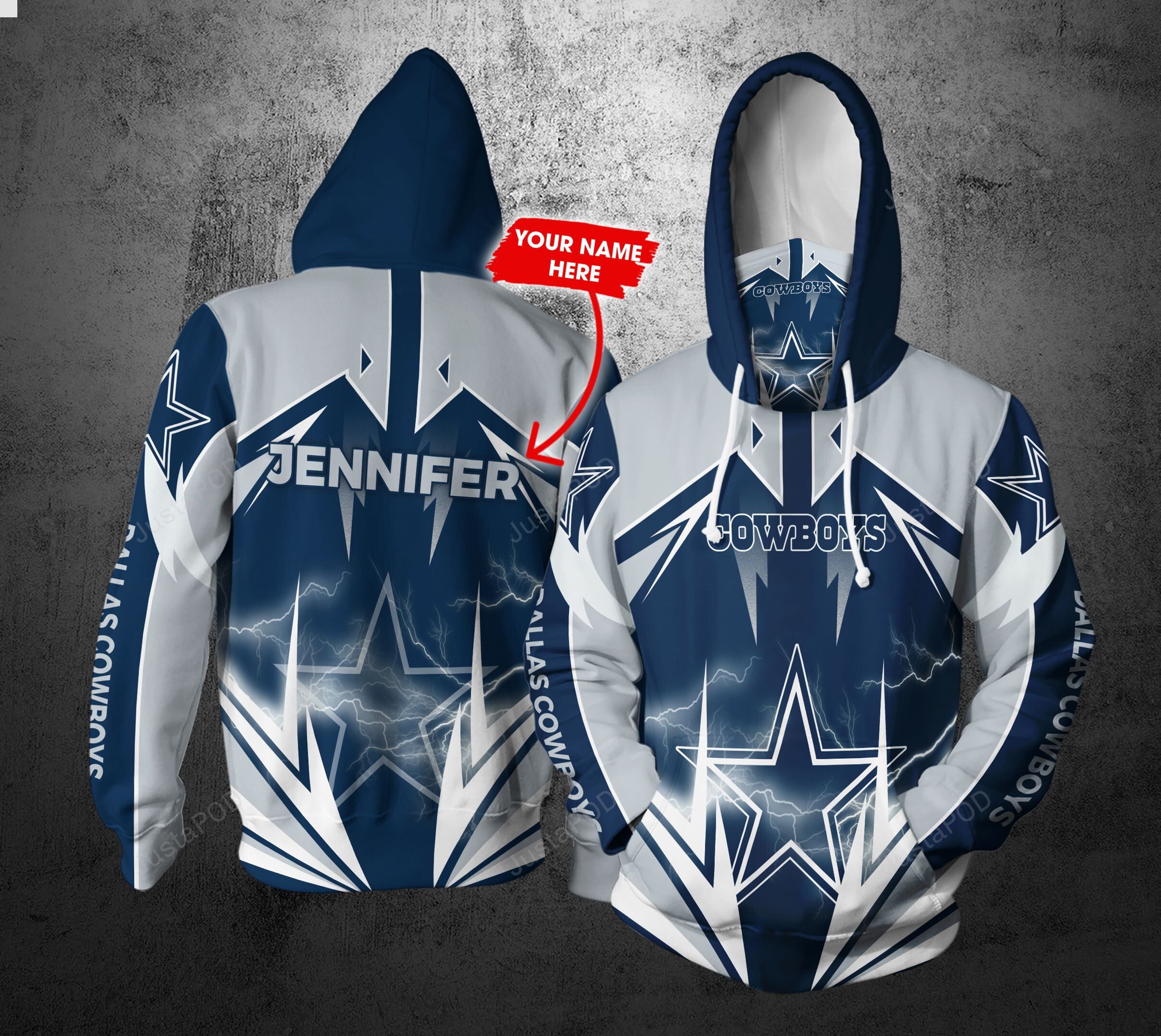 Personalized Nfl Gaiter Hoodie Dallas Cowboys Gaiter Hoodie Lightning Custom Name 3d Sweatshirt Or All Over Printed Hoodie Or Zip Up Hoodie