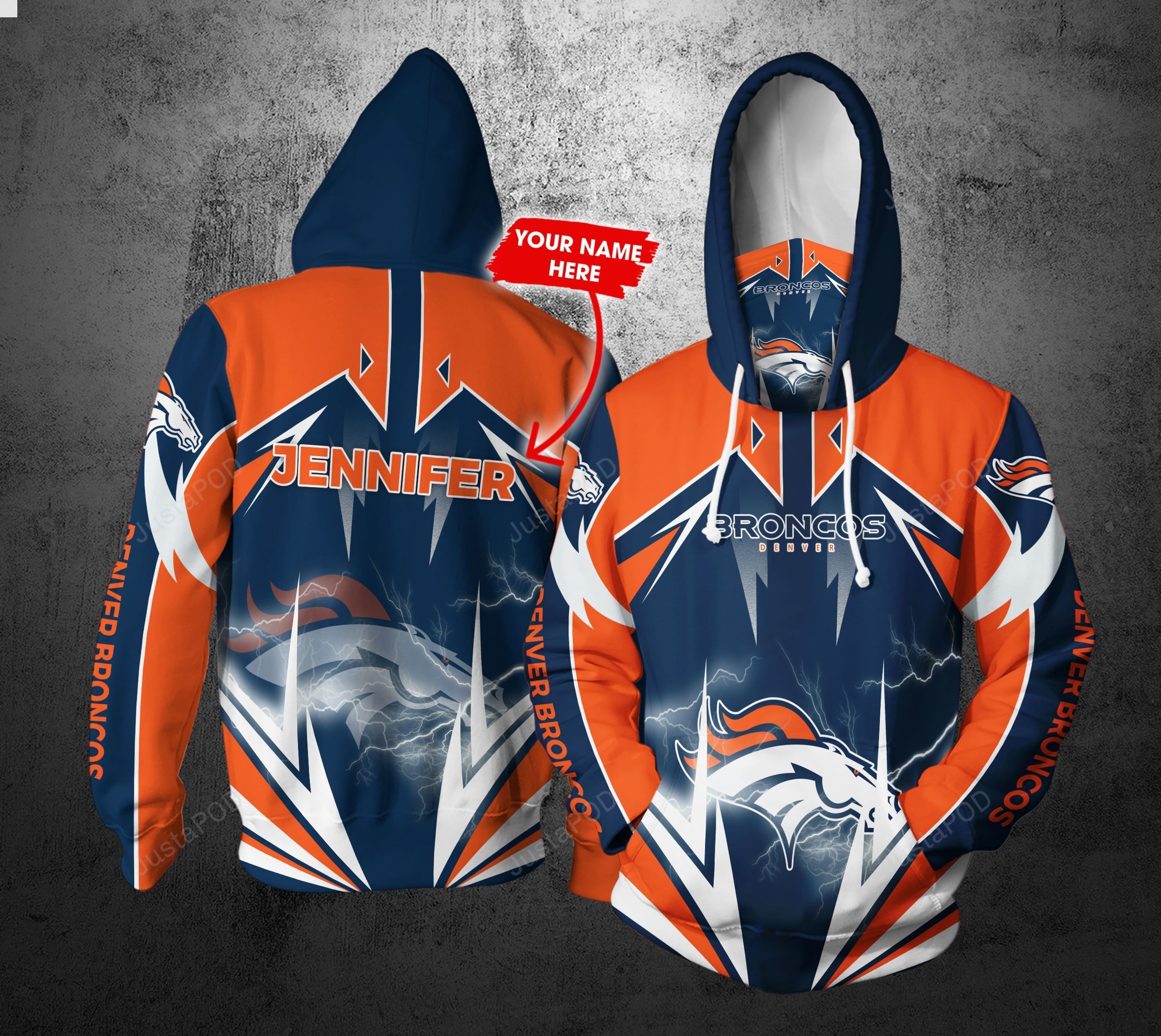 Personalized Nfl Gaiter Hoodie Denver Broncos Gaiter Hoodie Lightning Custom Name 3d All Over Printed Hoodie