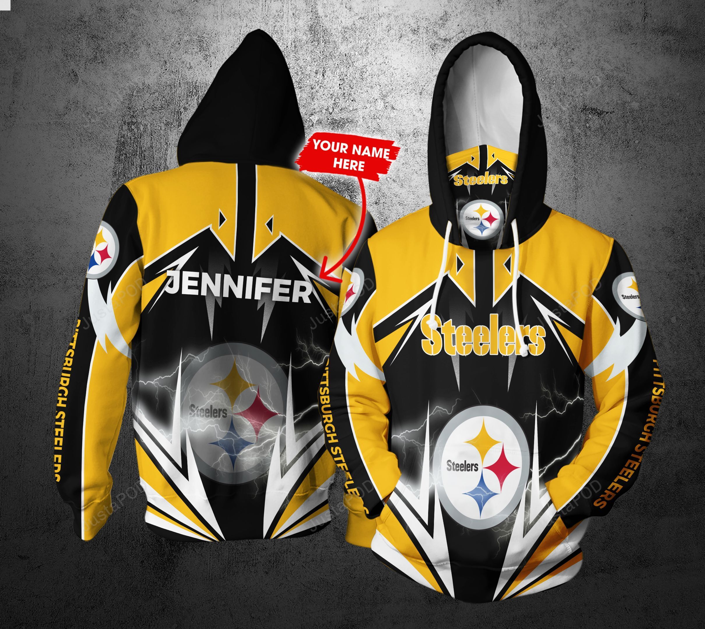 Personalized Nfl Gaiter Hoodie Pittsburgh Steelers Gaiter Hoodie Lightning Custom Name 3d All Over Printed Hoodie