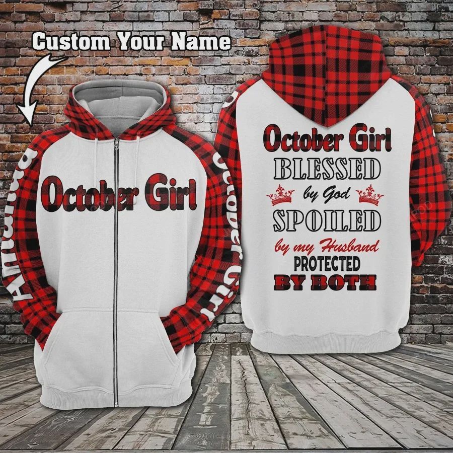 Personalized October Girl Blessed By God Spoiled By My Husband Birthday Gift Custom Name 3d All Over Print Hoodie Zip-up Hoodie