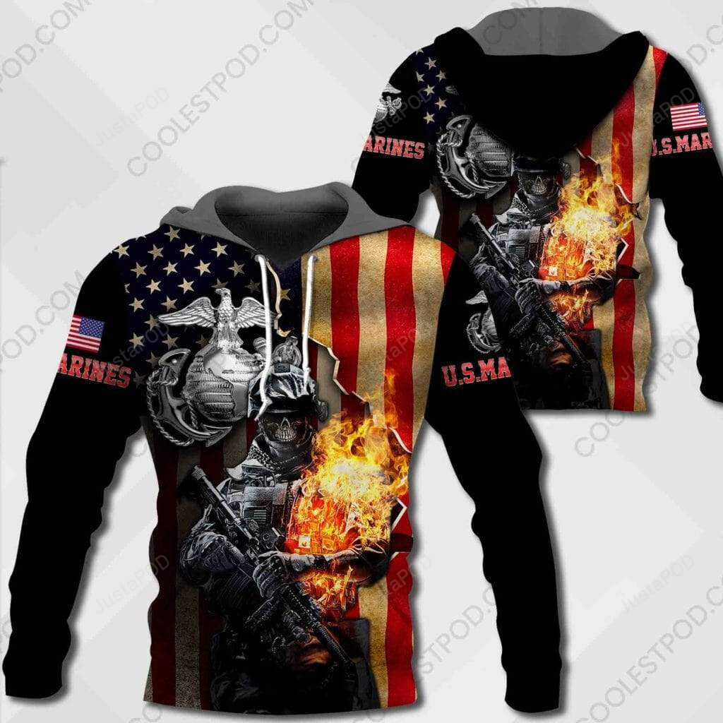 Proud Us Marine Skull Soldier On Fire 3d All Print Hoodie Zip- Up Hoodie