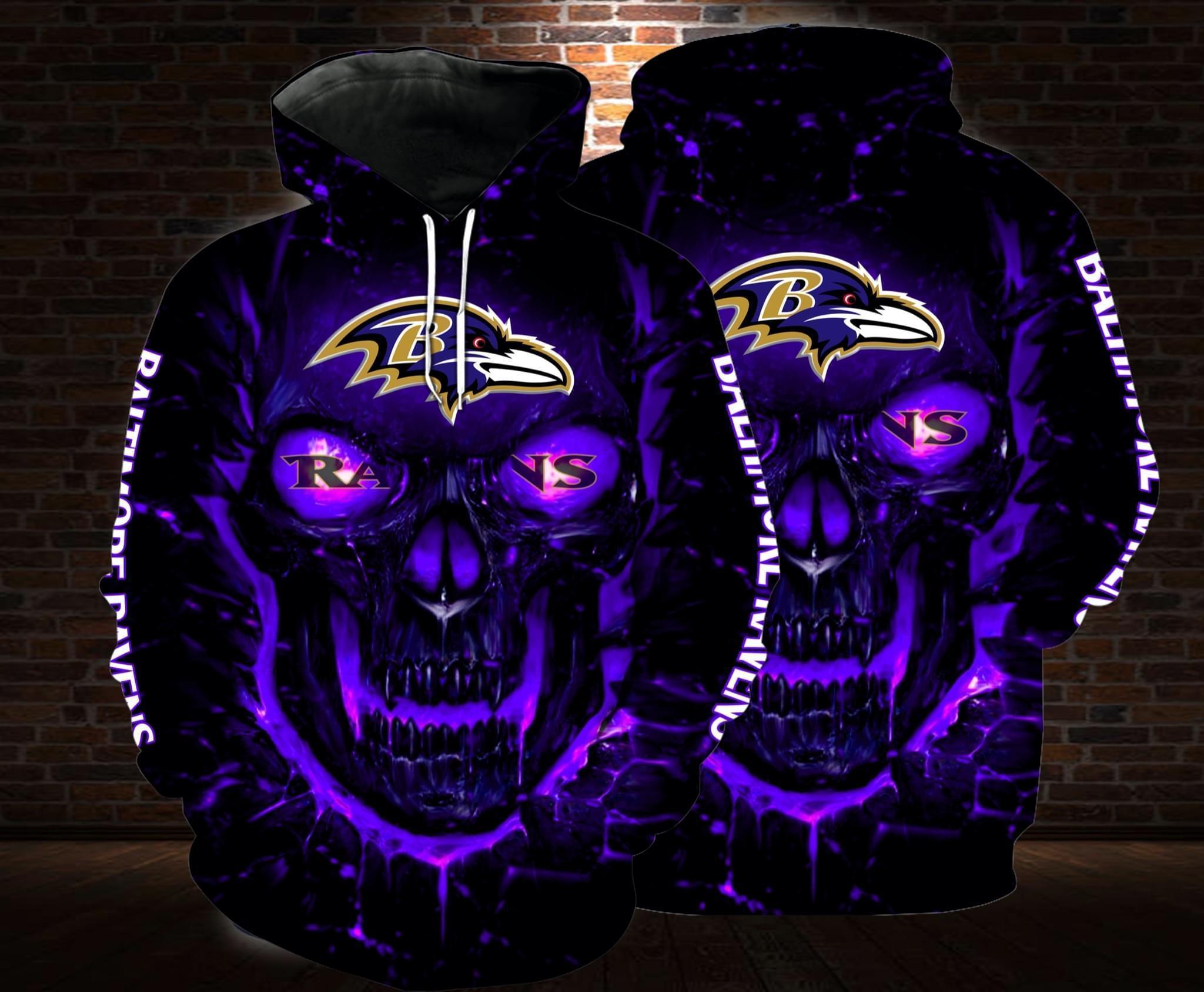 Baltimore Ravens Nfl Skull For Fan 3d Full Over Print Hoodie Sweater Tshirt 5xl