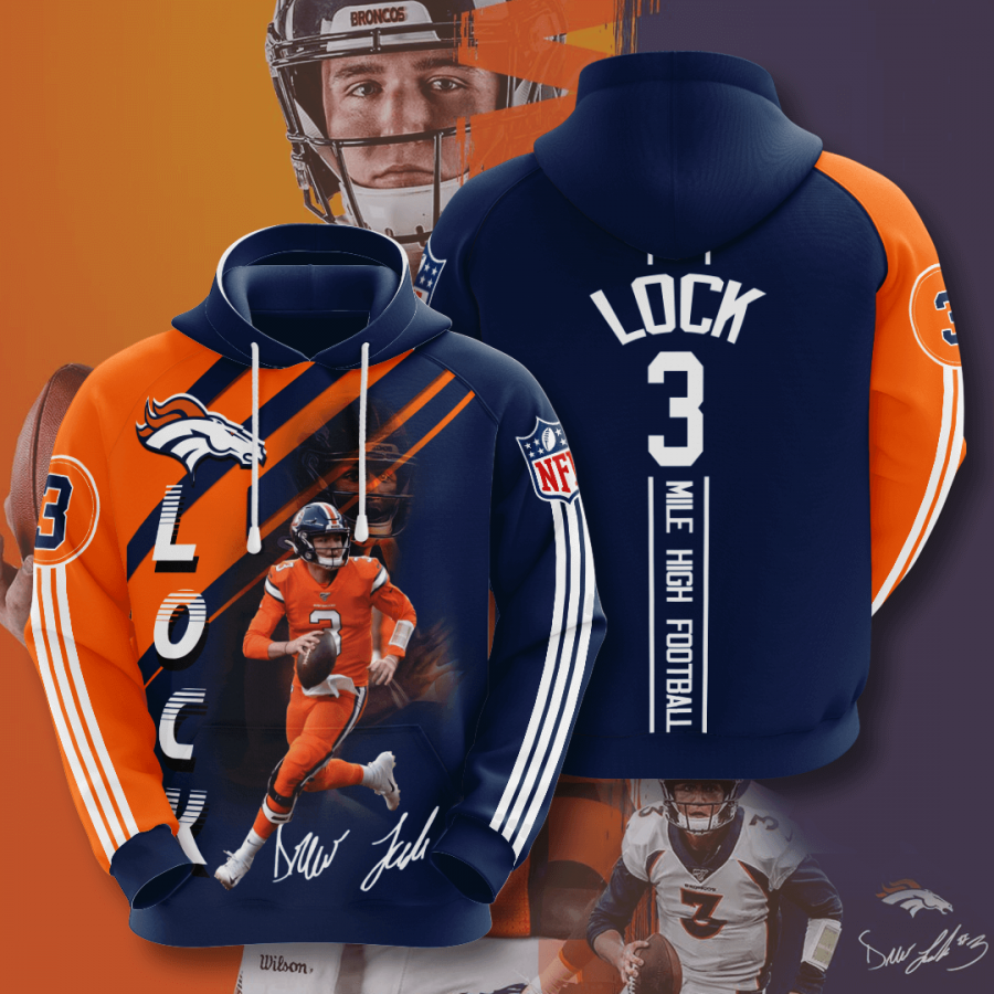 Denver Broncos Drew Lock 2020 3d Style All Overprint V-neck Hoodie 3d Sport Grey Size 3xl