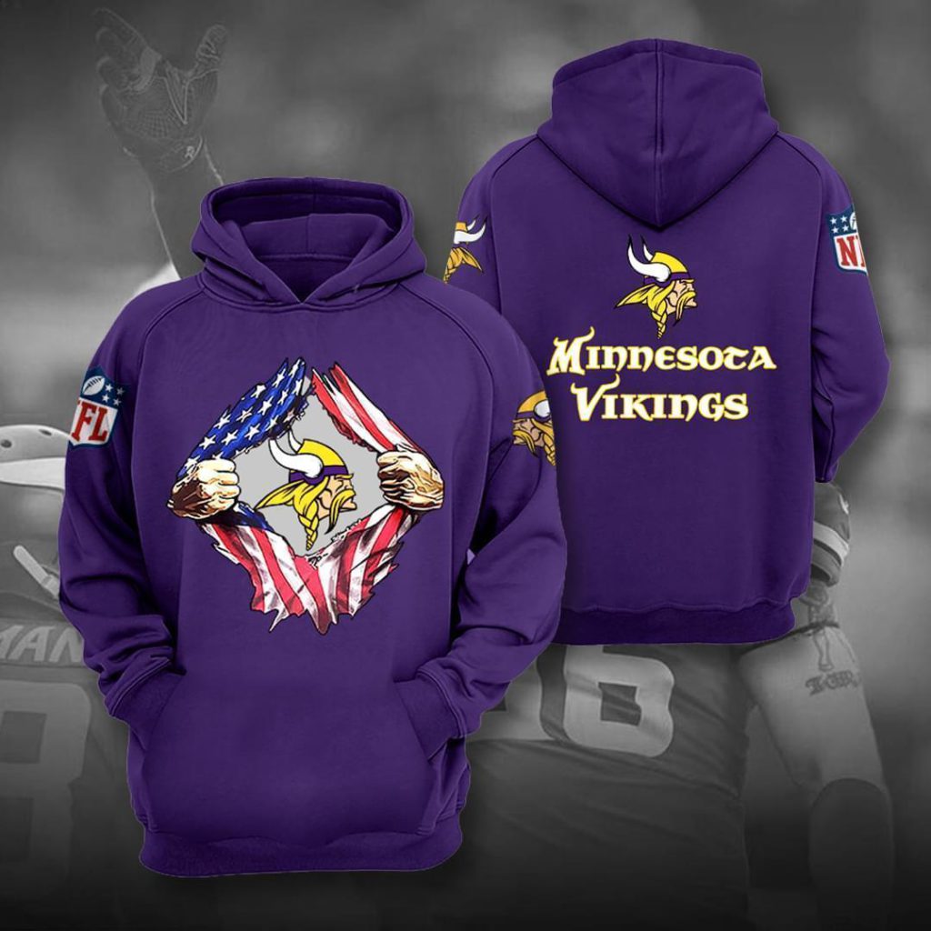 Minnesota Vikings Nfl American Flag Ripped 3d Full Over Print Hoodie Sweater K4r9u