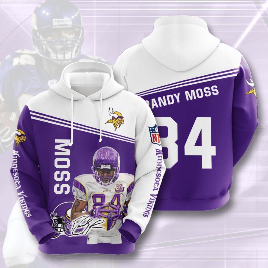 Nfl Minnesota Vikings Randy Moss 3d Hoodie Custom Printing Team Color Plus Size Up To 5xl