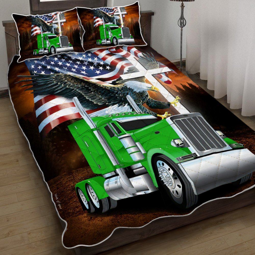 American Eagle Green Trucker Quilt Bedding Set