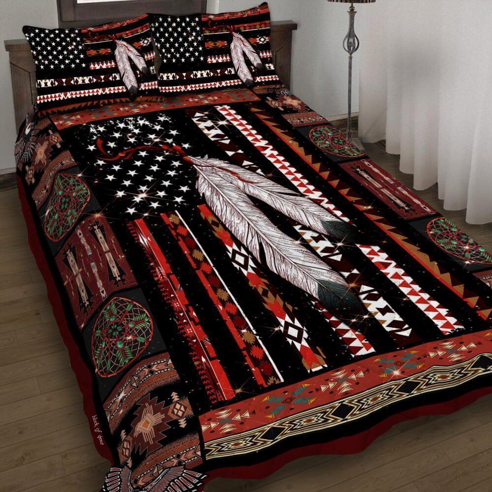 American Flag Feather Native Feather On American Flag Quilt Bedding Set