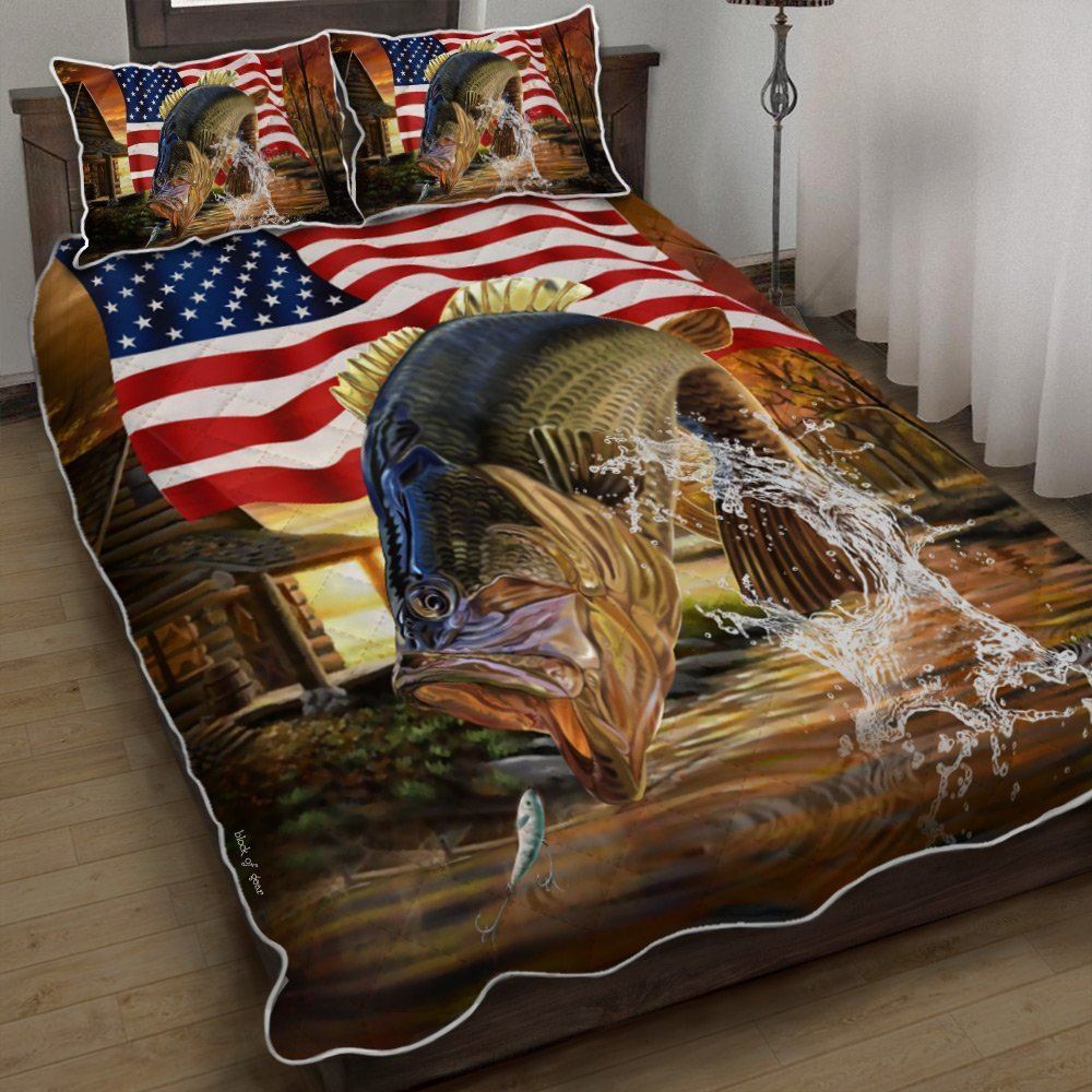 American Us Bass Fishing Quilt Bedding Set