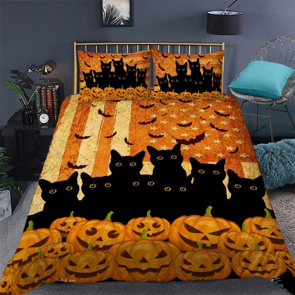 Black Cat Halloween Decor Black Cats Halloween Quilt Bedding Set