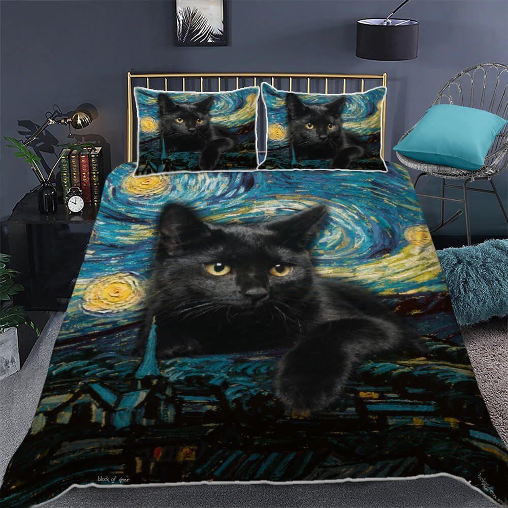 Black Cat Starry Night Quilt Bedding Set