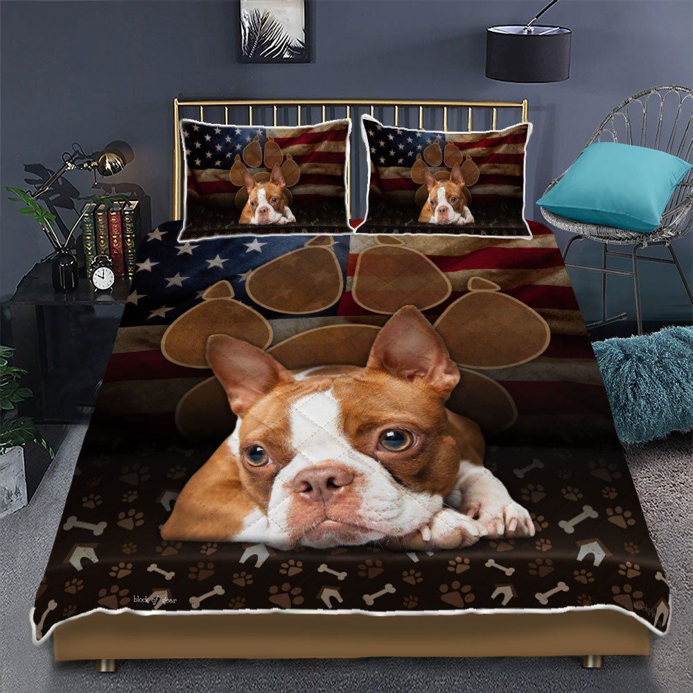 Boston Terrier Dog Paw Quilt Bedding Set