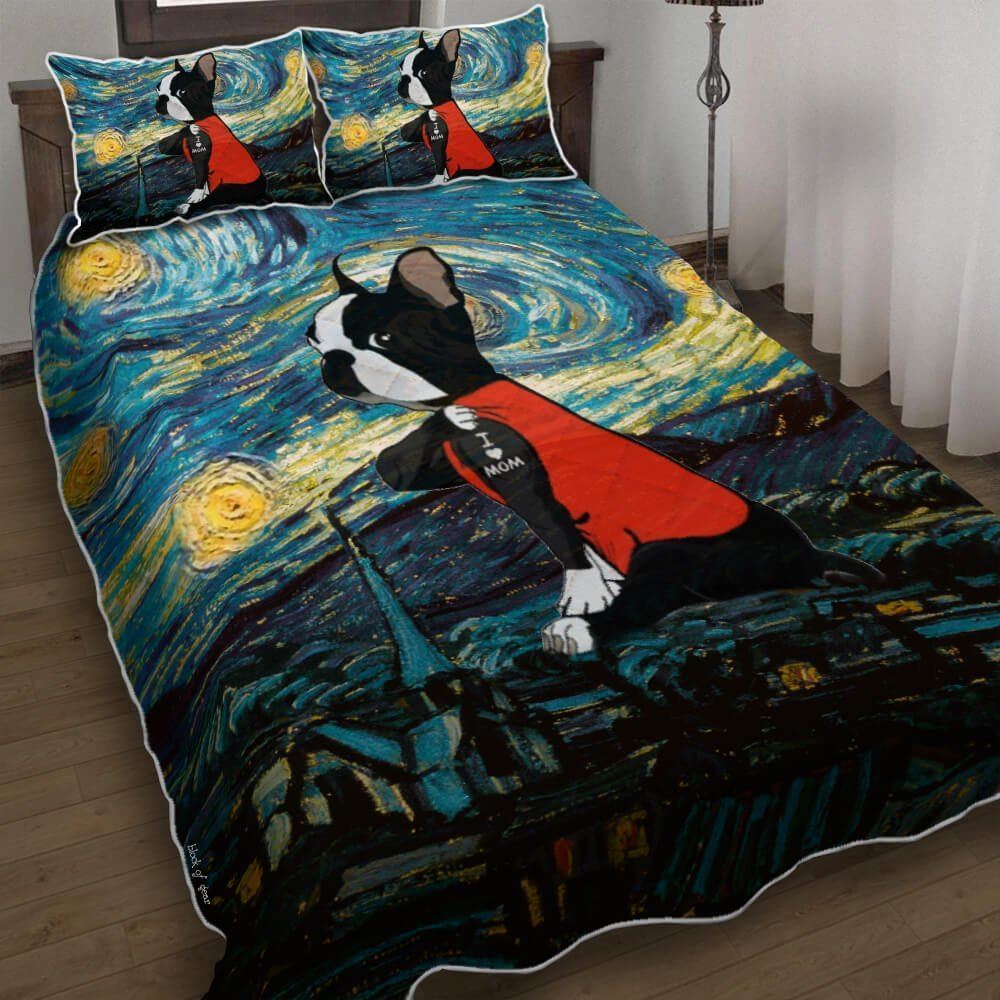 Boston Terrier Starry Night I Love Mom Quilt Bedding Set