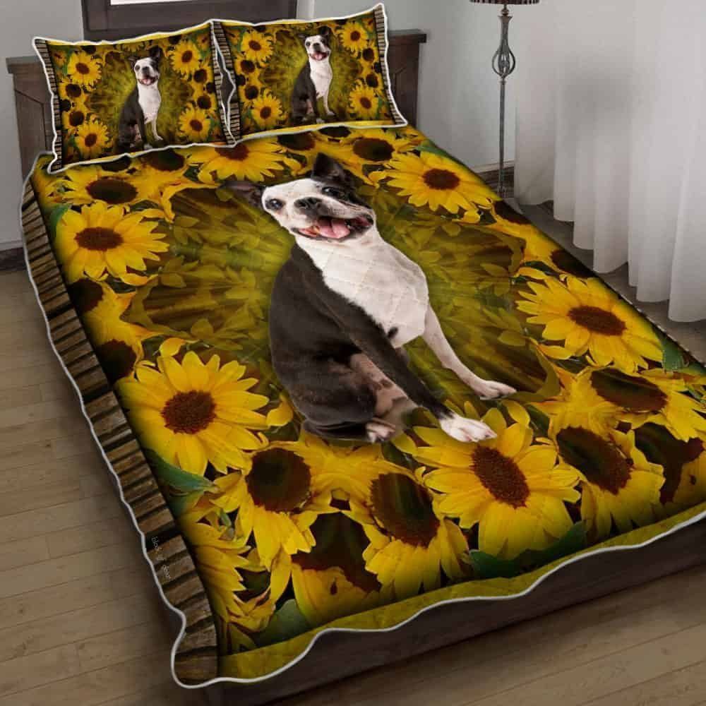 Boston Terrier Sunflower Quilt Bedding Set