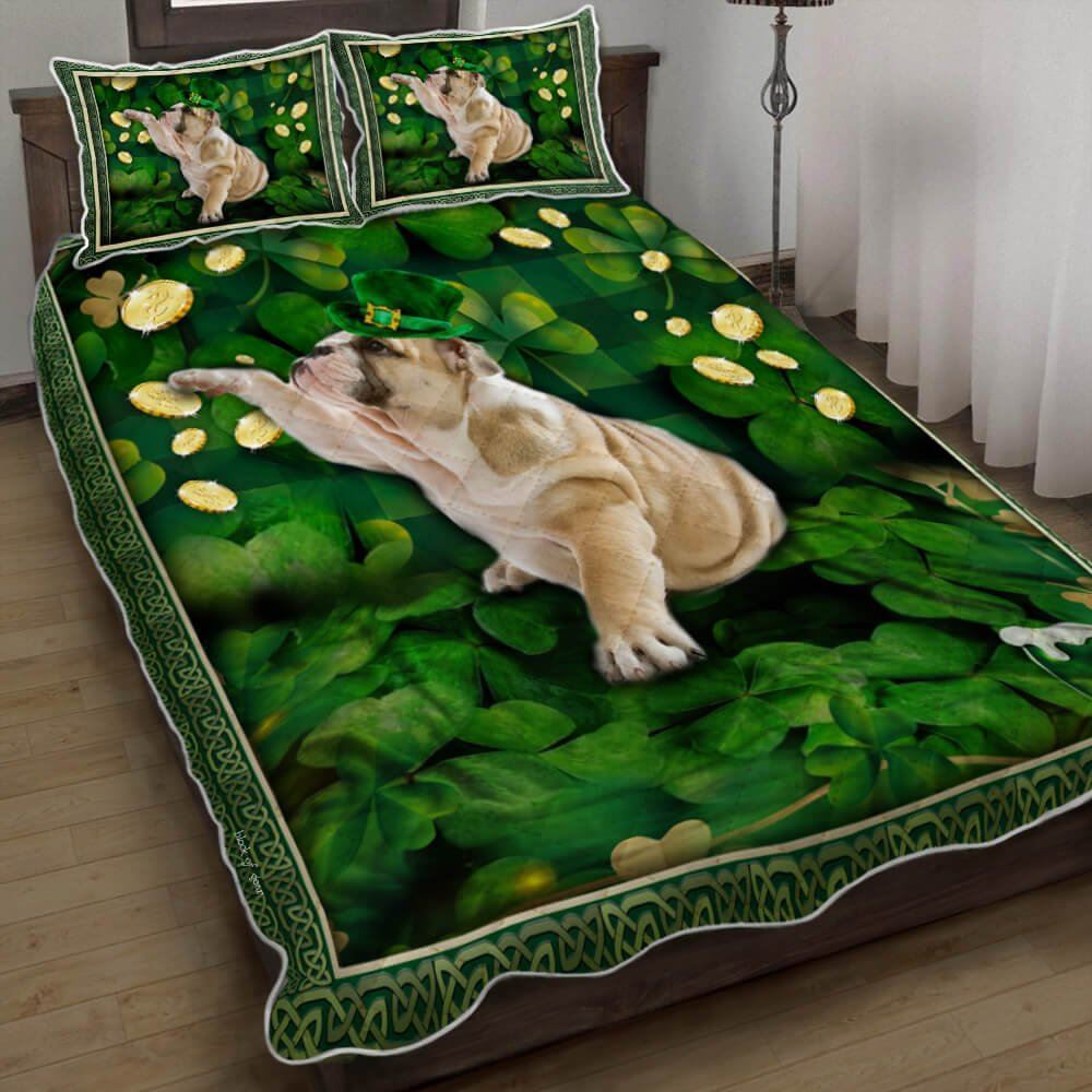 Bulldog Shamrock St Patricks Day Quilt Bedding Set-54uyk