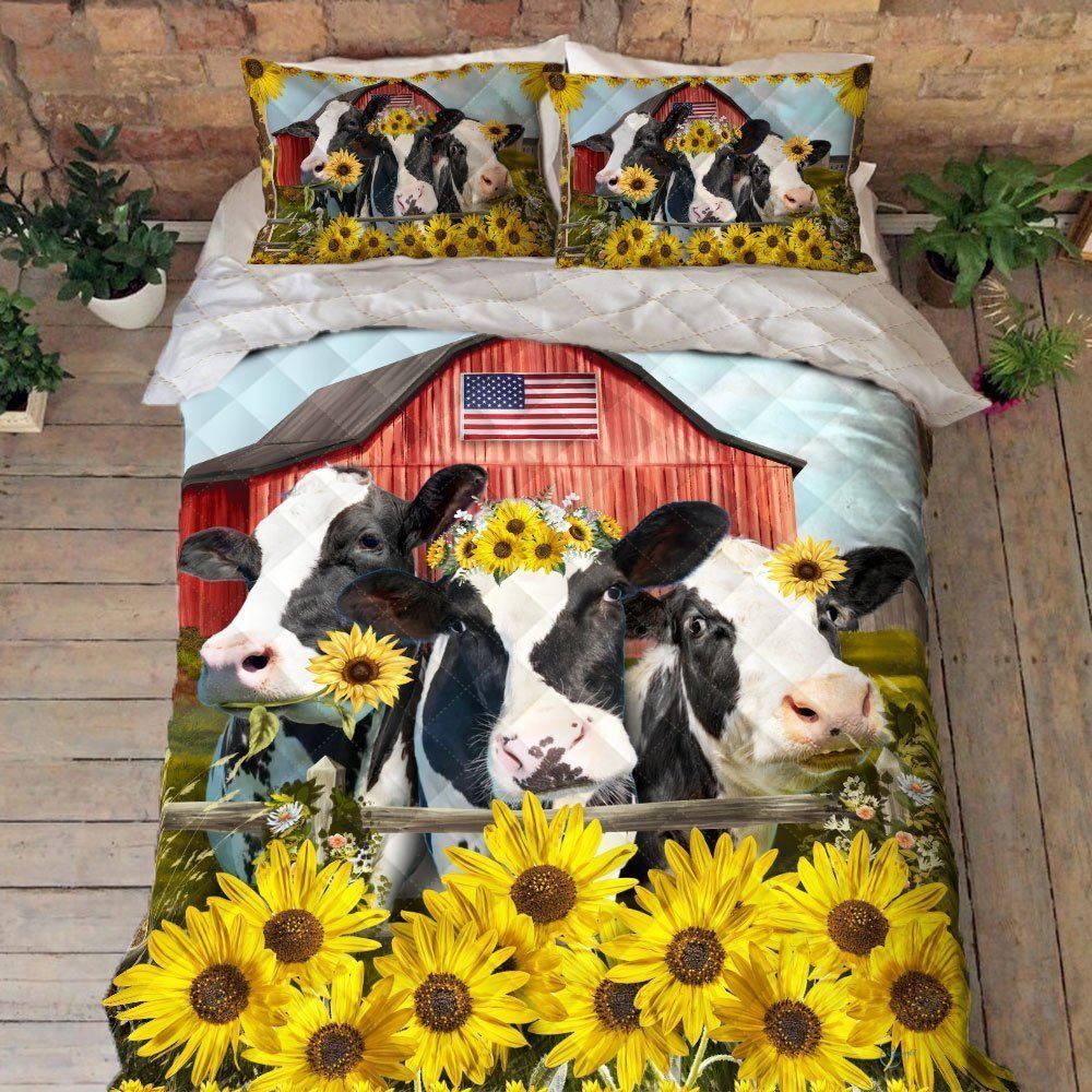 Cattle Cow Quilt Bedding Set Dairy Cow Sunflower Field Bnn213qs