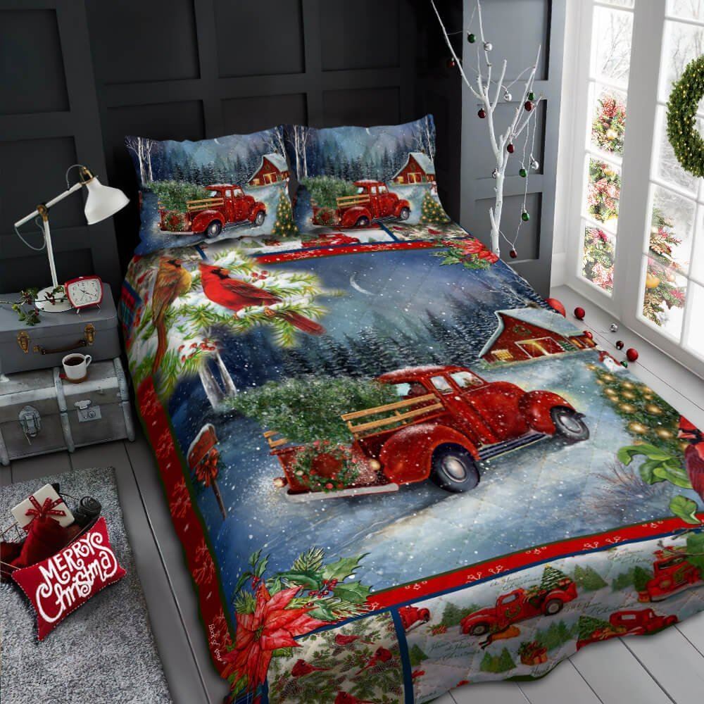 Christmas Red Truck Cardinal Quilt Bedding Set