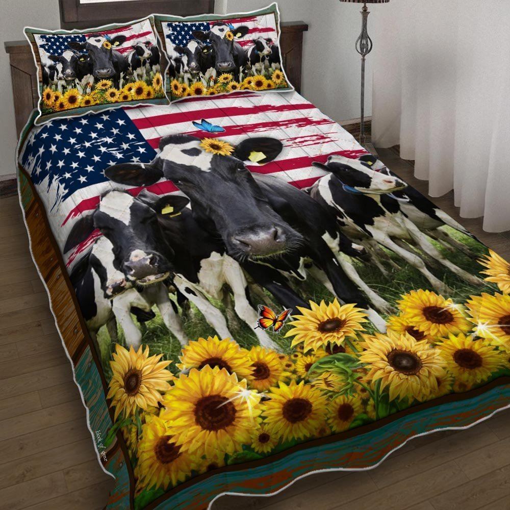 Cow Cattle Farm American Flag Quilt Bedding Set