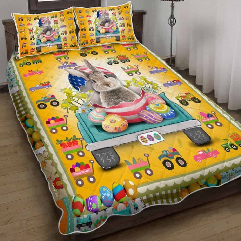 Cute Easter Bunny In The Truck Quilt Bedding Set