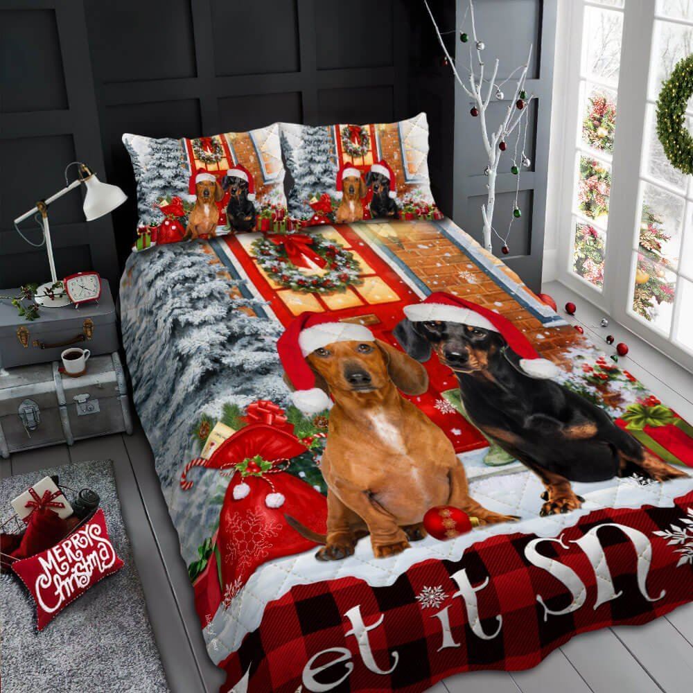 Dachshund Let It Snow Christmas Quilt Bedding Set