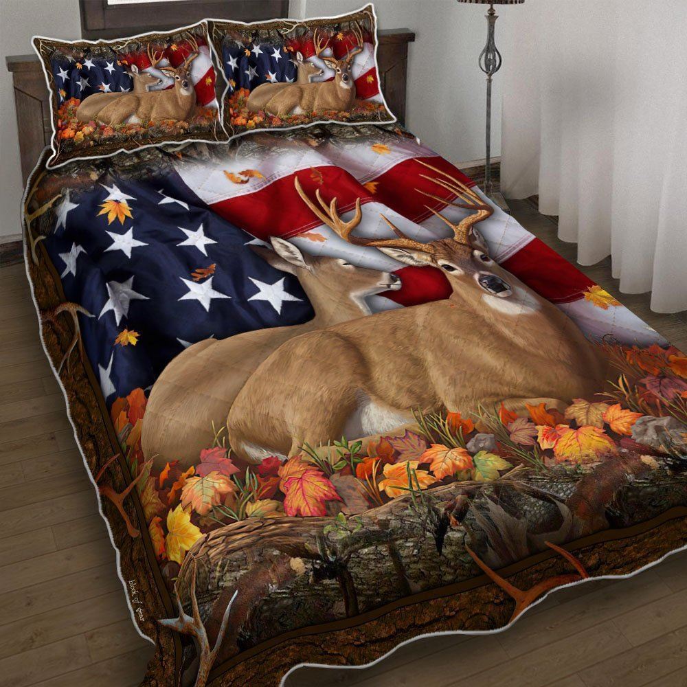 Deer Hunting American Flag Quilt Bedding Set